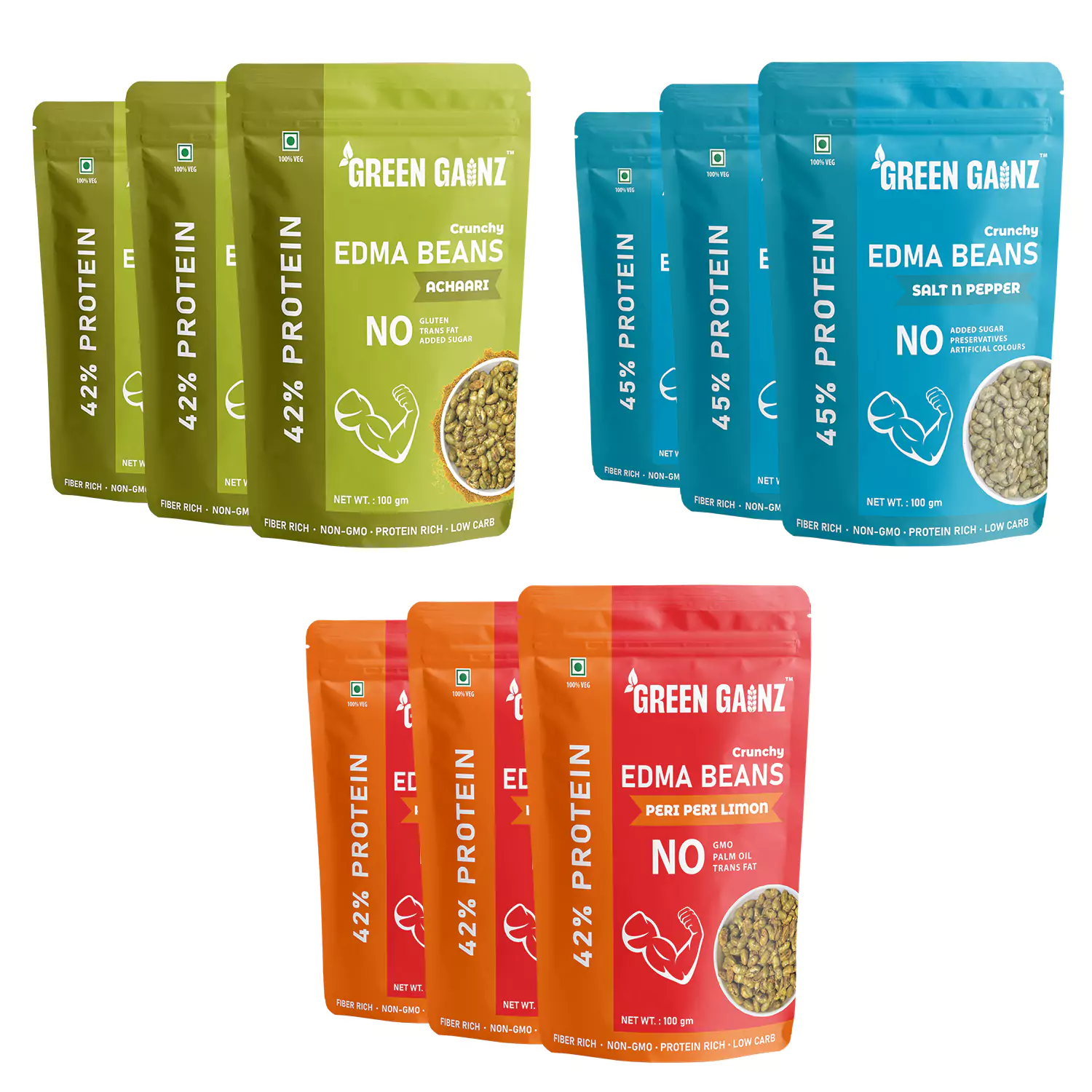 Edamame Assorted Flavours – Pack of 9(100gm each) | Healthy Snacks Combo