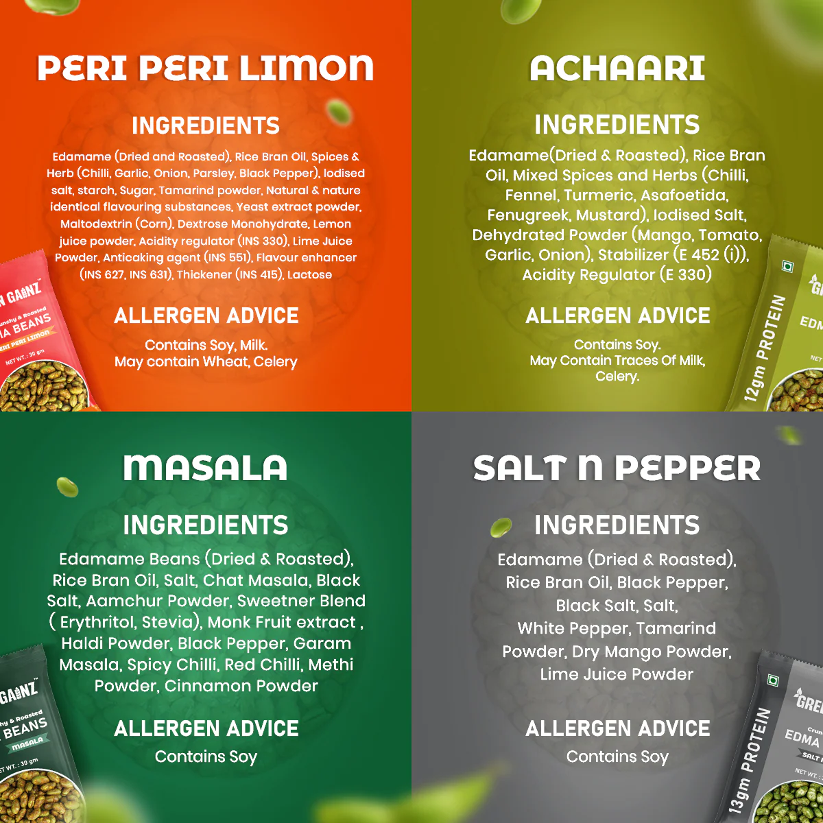 Roasted Edamame (4 packs - 30gm each) | Peri Peri Limon, Achaari, Salt n Pepper, Masala - Image 6